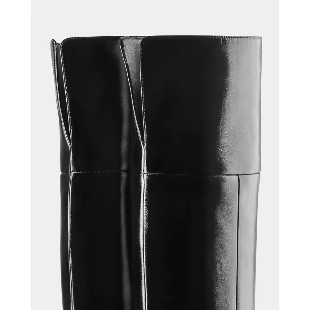 Women Black Pu Over the Knee Square Toe Chunky Heel Patent Leather Long Boots